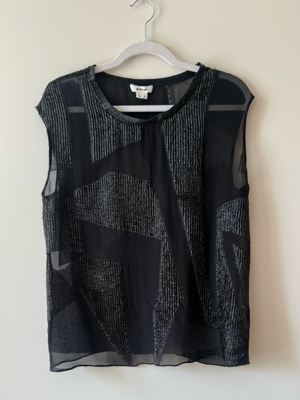 Helmut Lang Black Sheer Textured Metallic Panel Top Size S Designer Blouse
